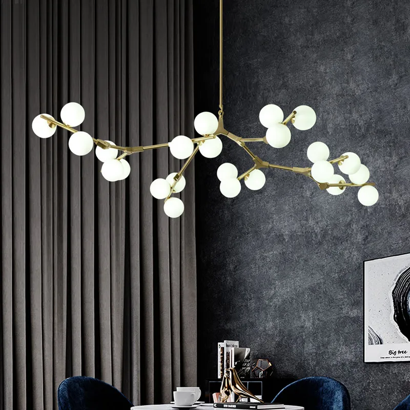 Lámpara LED de techo con bolas de cristal, accesorios de iluminación para dormitorio y sala de estar, estilo ramas de oro negro, postmoderno
