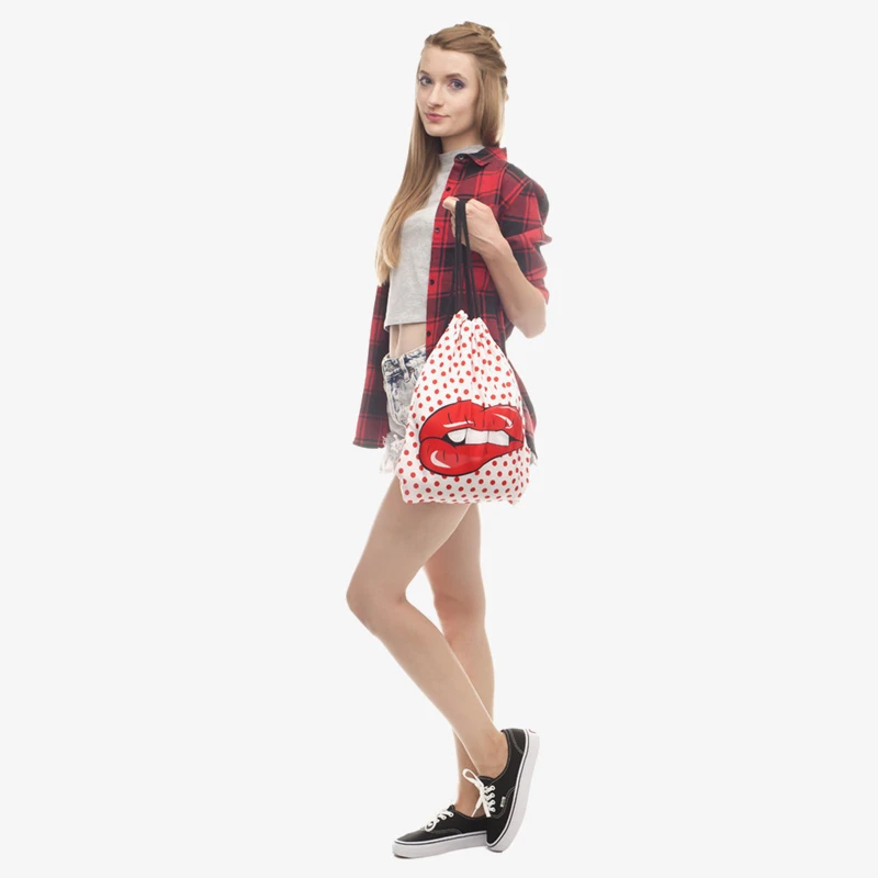 Новый 3D мешок с кулиской принтом в горошек и красных губ модные Mochila Cuerda Harajuku