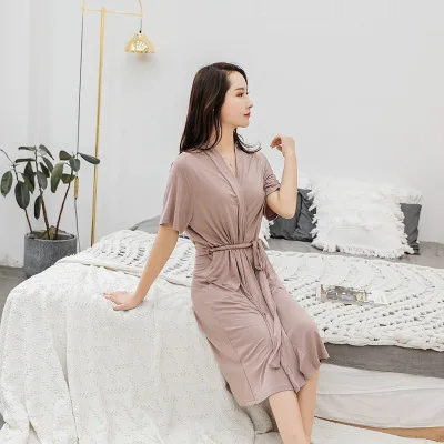 light khaki Летняя свободная пижама из модала с коротким рукавом, домашняя одежда из чистого хлопка, халат для отдыха - Цвет: light khaki