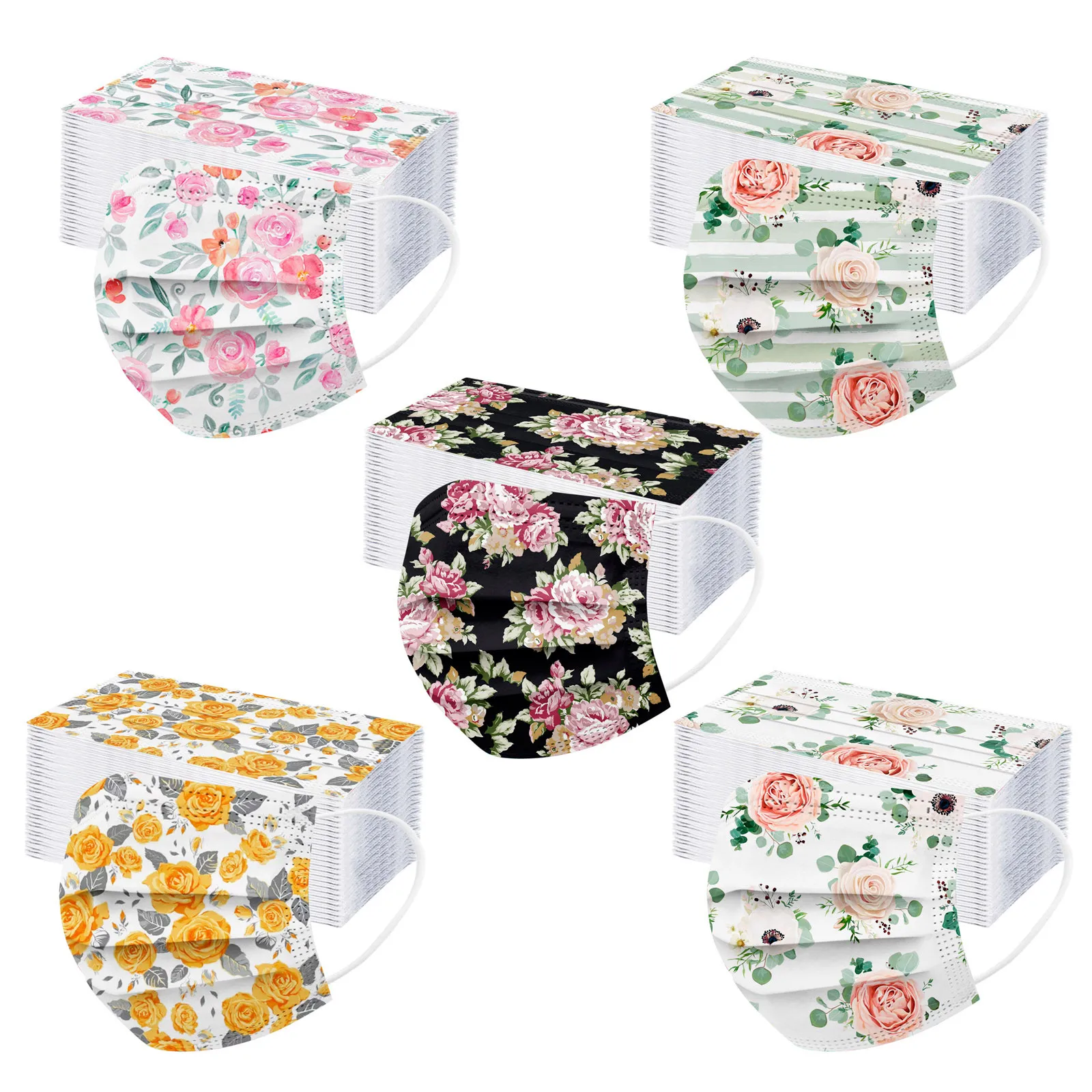 50 шт. одноразовая маска для лица женская элегантная Цветочная дышащая из 3 слоев