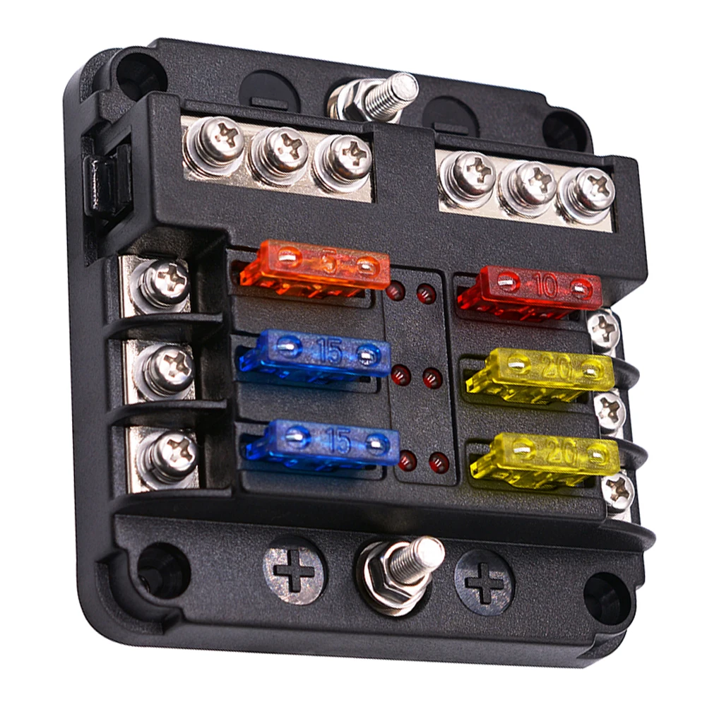

6 Way Blade Fuse Box & Bus Bar Car Kit with Cover Marine FuseBox Holder 12V/24V for Auto Car Boat Marine Trike