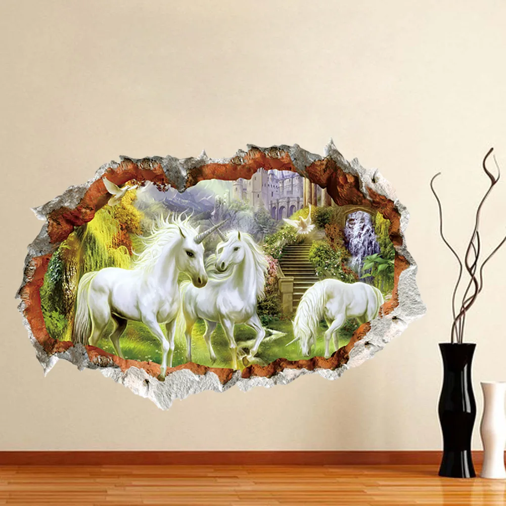 

3D 3D effect broken wall Unicorn scenery living room TV background wall decoration wall sticker