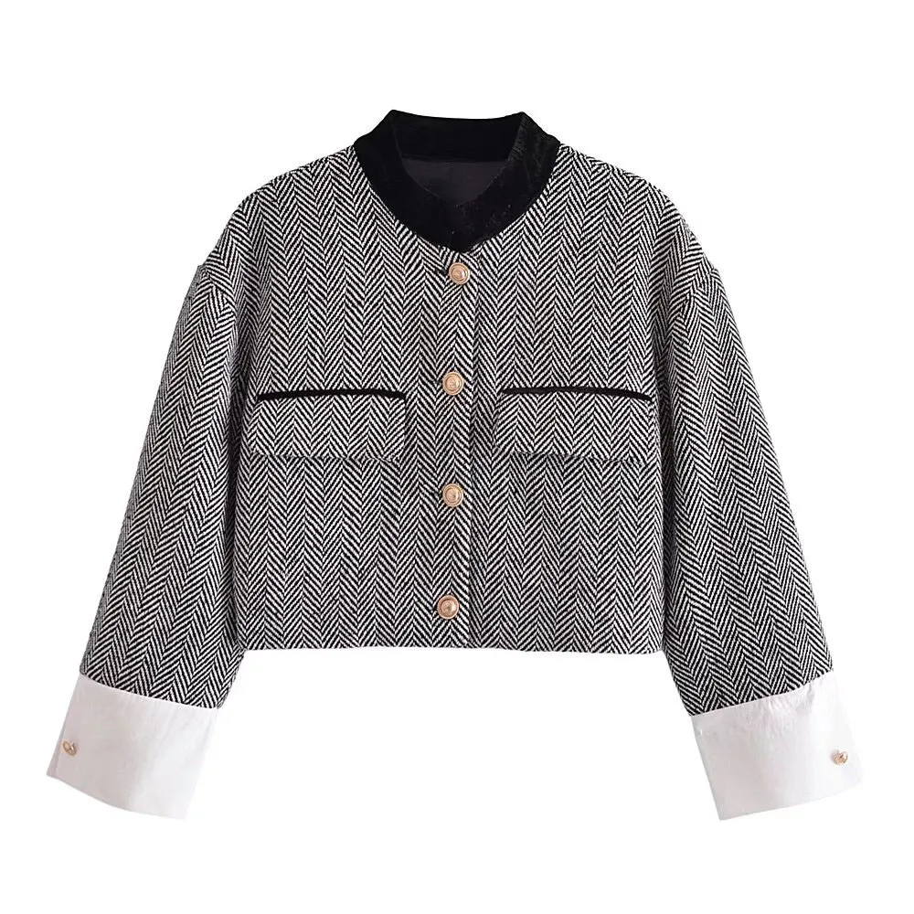 

BM UR HM ZA Women's 2021 New British Knights Contrast Color Combination Stand Collar Small Fragrant Tweed Short Jacket Chic Top