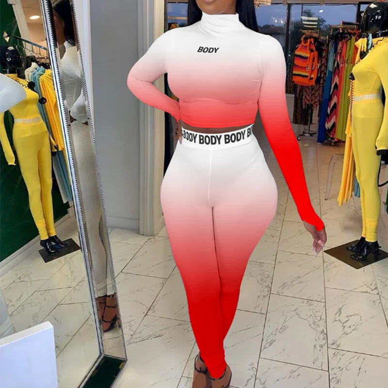 

Fashion Casual Body Letter Print Women Two Piece Gradient Color Turtleneck Crop Top TShirt & Pencil Pants Long Sets