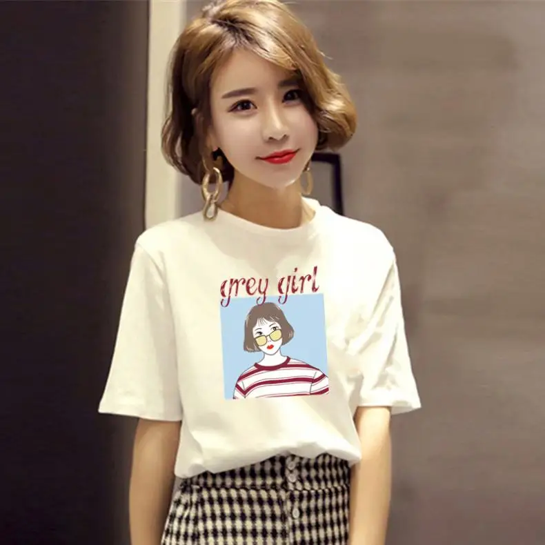 

2021 New Summer White Short-Sleeved Women's Loose Korean Style Super Popular CEC Top Clothes Half Sleeve T-shirt Ins