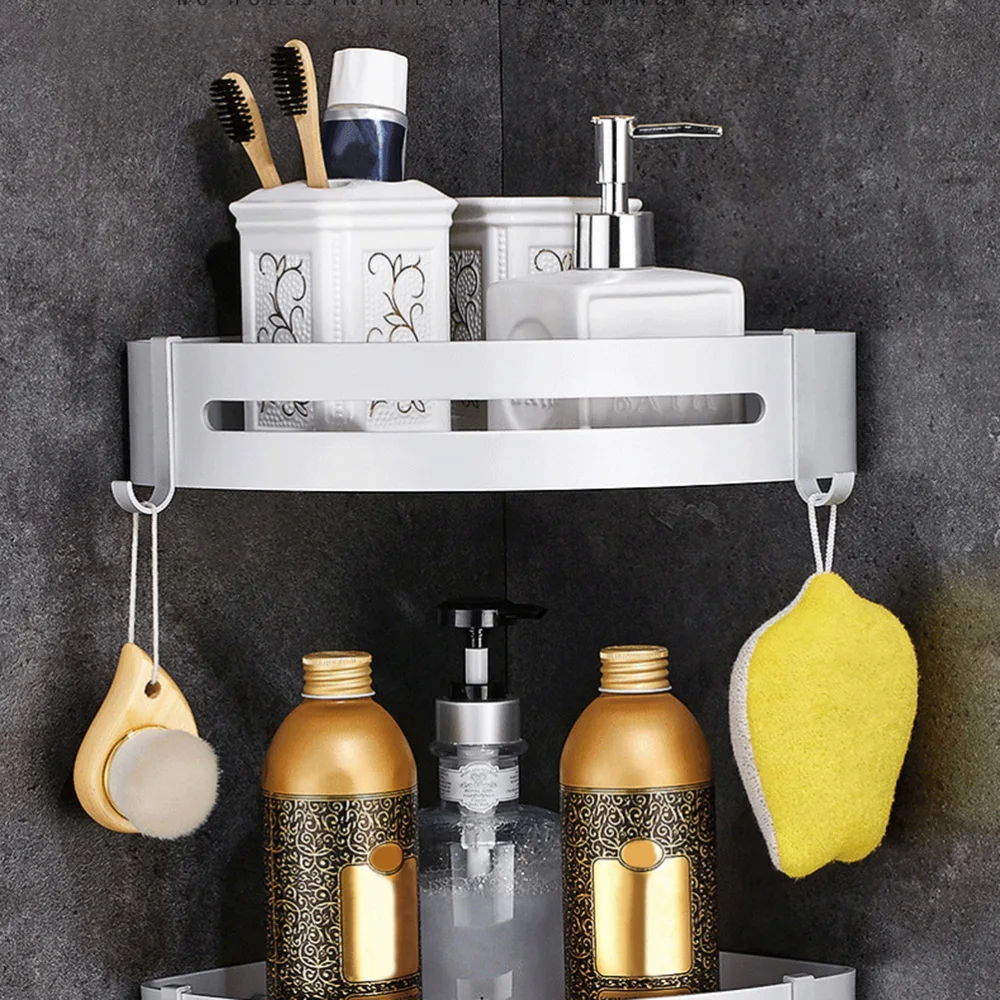 

Space Aluminum Bathroom Wall-mounted Rack Self-Adhesive Triangle Shelf Shower Caddy Storage Organizer with Hooks (Matte)