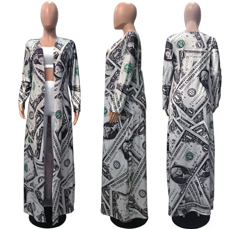 

Dollar Bill Printing High Street Fashion Women Coats And Jacket Full Sleeve Midi Top 2020 Spring Autumn Casual Home Wear