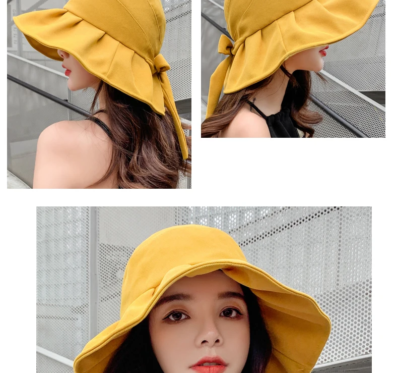 

2021 Fashion Women Solid Color Bowknot Wide Brim UV Protection Summer Sun Hat Bucket Female big-edge fisherman Cap