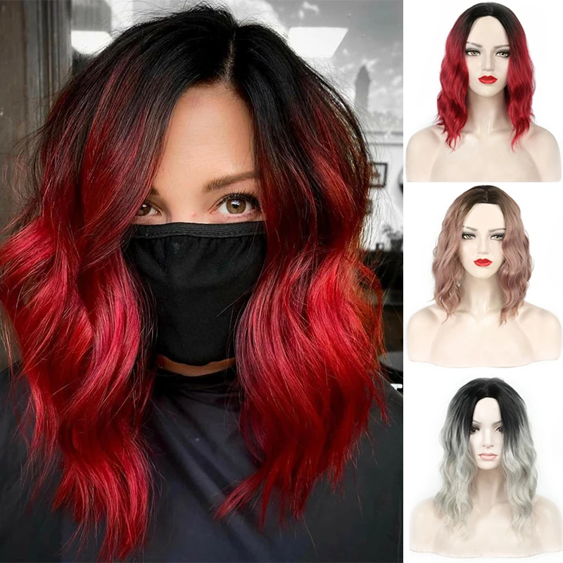 DIANQI synthetic short wavy ombre black red natural hair Middle Part  Bob wig heat resistant fiber cosplay wigs for women