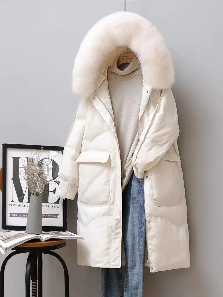 Women Winter Long Puffer Jacket Fashion Big Faux Fur Collar White Duck Down Coat Outerwear casaco feminino inverno
