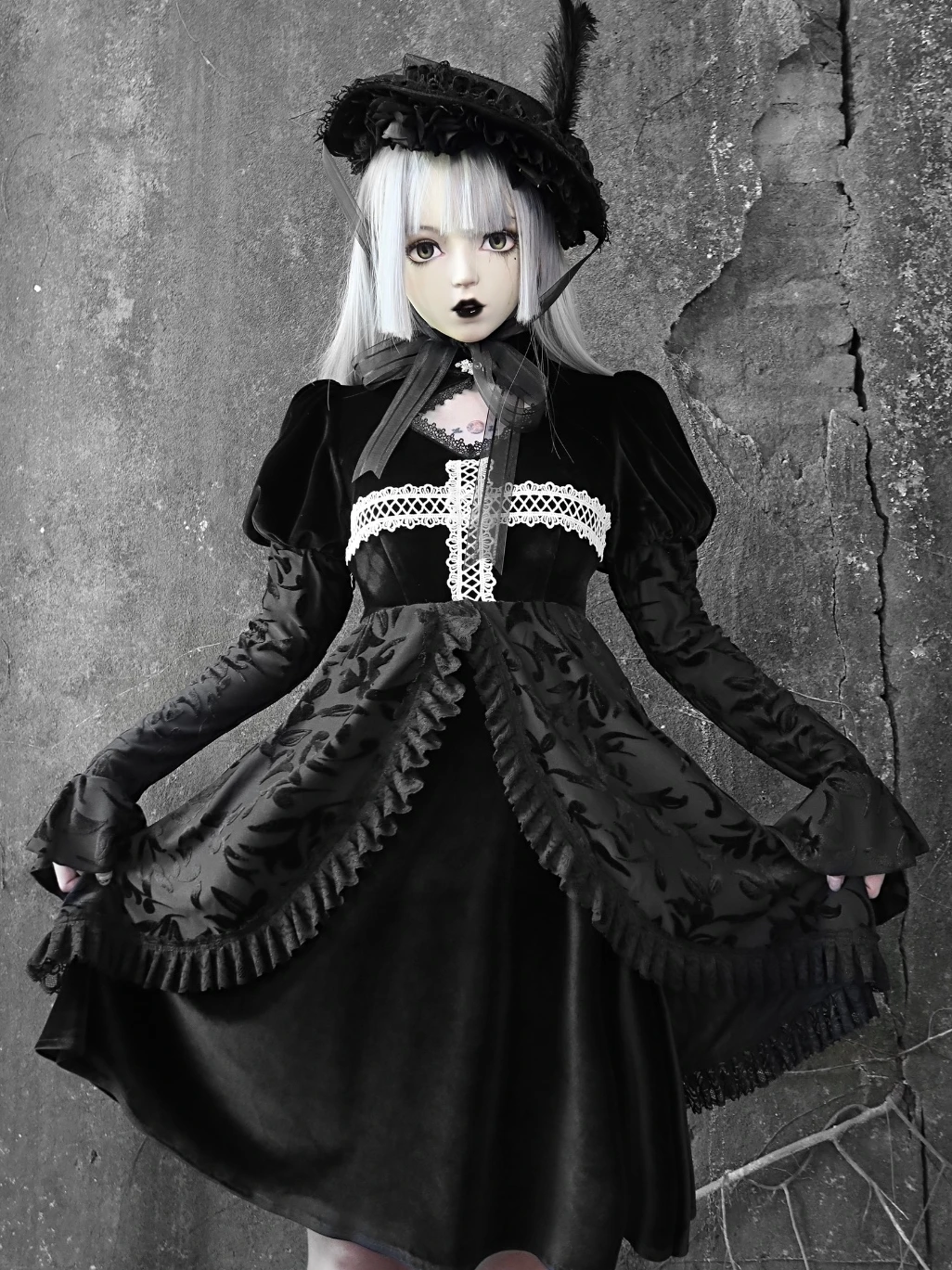 

original Halloween Costume Gothic Dark Black velvet lace puff long sleeve Hollow Out Stand Collardress autumn girls vestidos