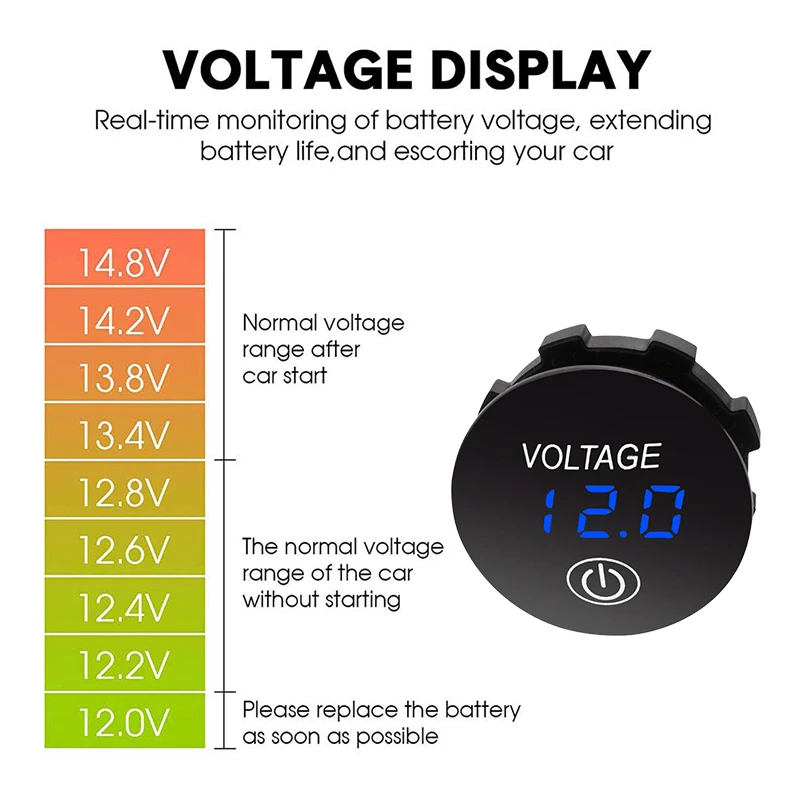 12V/24V Voltage Gauge with Touch Switch LED Digital Display Waterproof Car Voltmeter for Boat Marine Truck Motorcycle | Автомобили и
