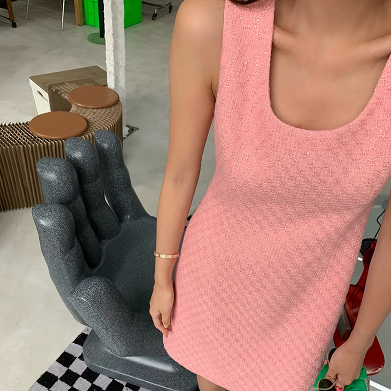 

Tweed Bodycon Dress for Women Button Pocket Pink Solid Spring Autumn Office Lady Elegant Fashion Classy Work Wear Business Suits