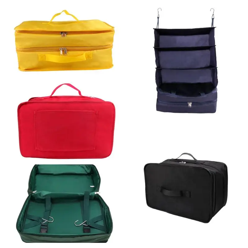 

Portable 3 Layers Travel Storage Bag Organizer 2 Hooks Hanging Wardrobe Clothes Rack Holder Travel Suitcase Shelves 5 Colors