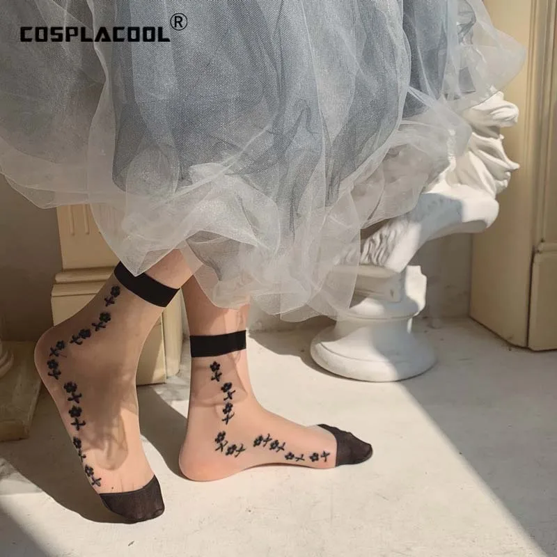 Прозрачные ультратонкие шелковые носки с кристаллами кружевные цветами женские