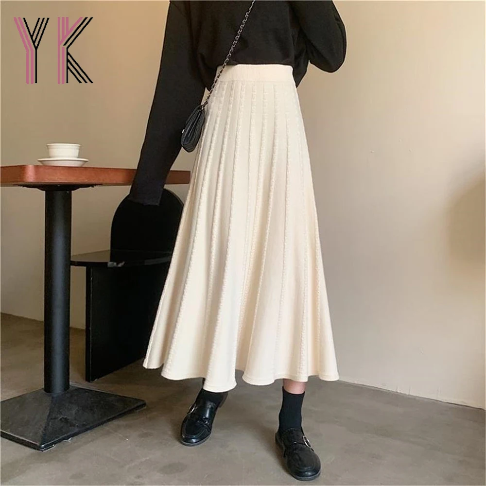 

Twist Knit Elastic High Waist Draped Midi Skirts Pleated Vintage Black White Mom Long Skirts Aesthetic 2021 Korean Trendy Saia