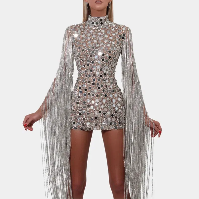 

2021 new sequin tassel dress nightclub party sexy slim mid skirt silver sequin dress