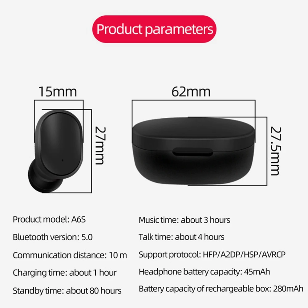 A6S TWS мини наушники Bluetooth 5,0 наушники для Xiaomi для Redmi беспроводные 5,0 TWS наушники с микрофоном для iPhone