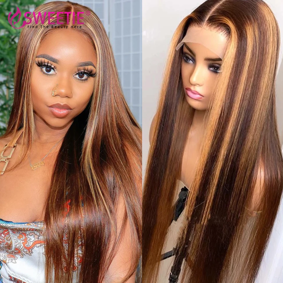 

13x4 Highlight Lace front Human Hair Wig 150% Honey Blonde Brown Ombre Straight Wigs For Women Pre Plucked Remy Brazilian Wigs