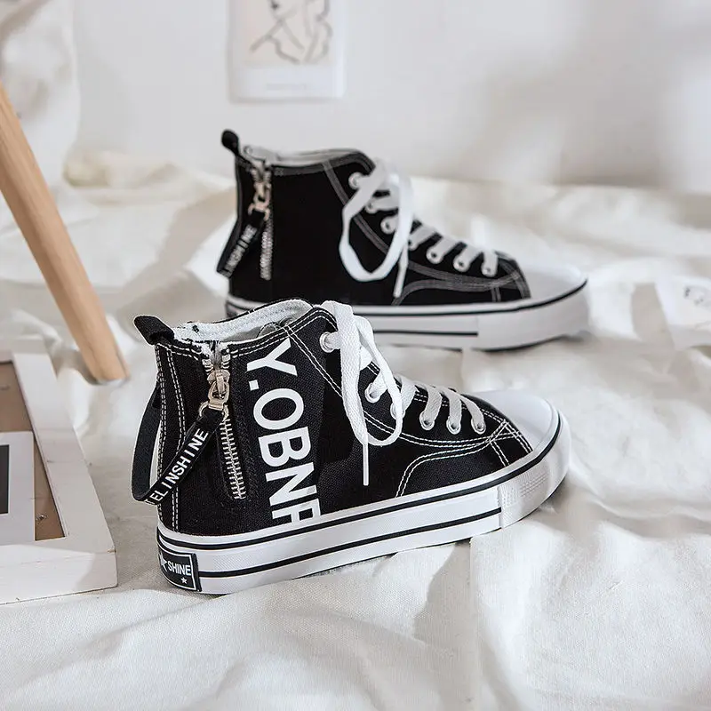 Korean Fashion High-top Women Canvas Shoes Purple Side Zipper Flat Casual Student Ulzzang Harajuku Sneakers Vulcanized | Обувь