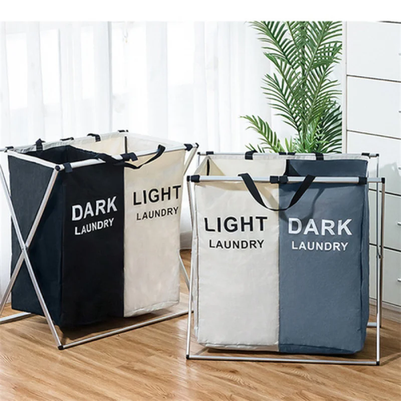 

Dirty clothes basket Oxford cloth divided grid waterproof foldable two-color two-compartment storage basket