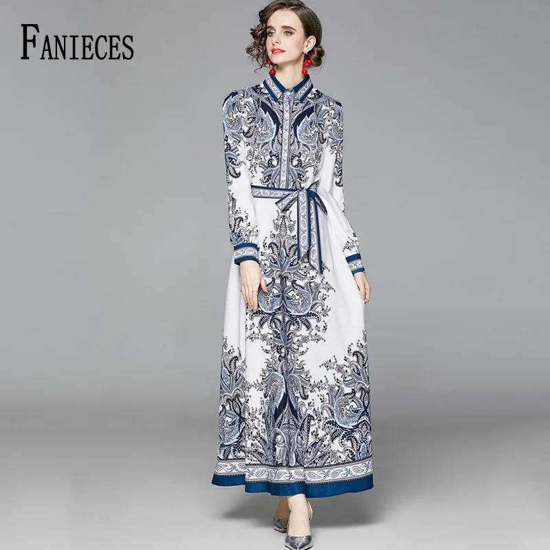 

Low Price Wholesale 2022 Spring Autumn Runway Maxi Dresses Women's Long Sleeve Print Dress Female Buttons Up Sashes Robe Femme