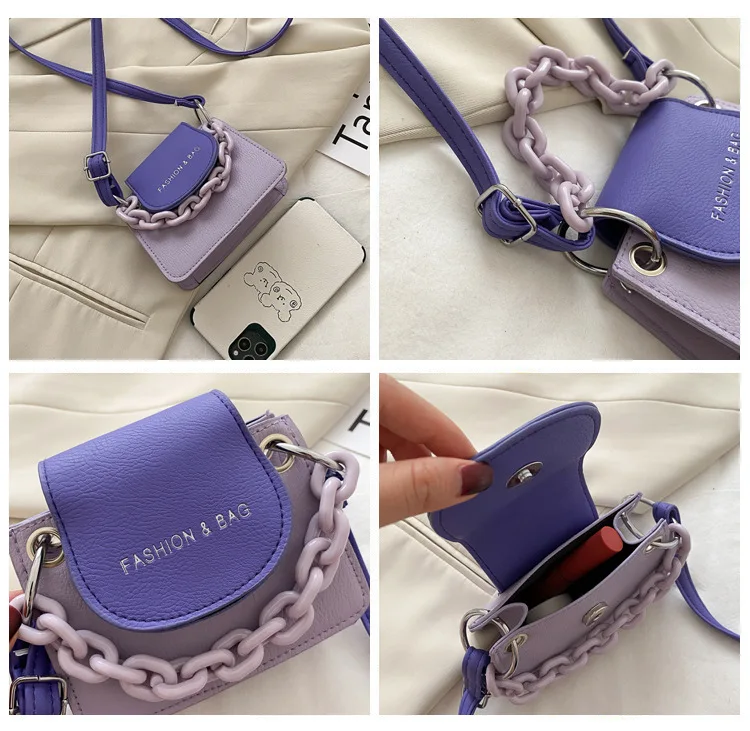 

2020 Mayata Youth Ladies Simple Versatile Bag Women Mini Crossbody Bag Acrylic Chain Lady Hit Color PU Leather Shoulder Pouch