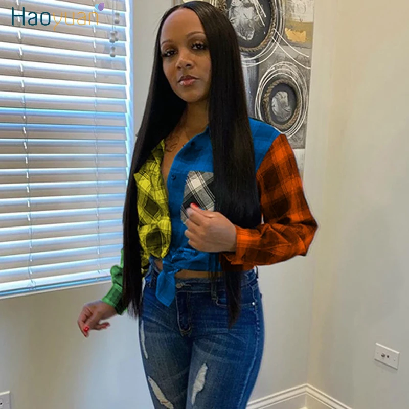 Женская блузка в шотландскую клетку с длинным рукавом | одежда