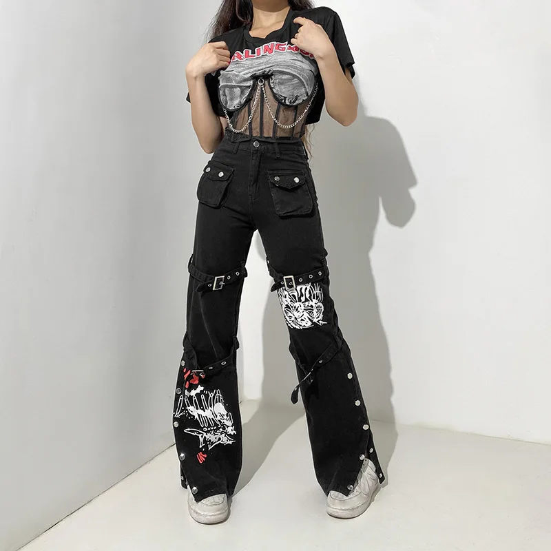 

Y2k Eyelet Buckle Black Punk Goth Jeans Woman Techwear Dark Academic Print E Girl Cargo Pants Low Waist Denim Trousers