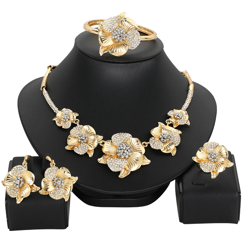 

Fashion Dubai women luxury gold color Jewelry set Nigeria African necklace bracelet earrings ring set wedding Party gifts orname
