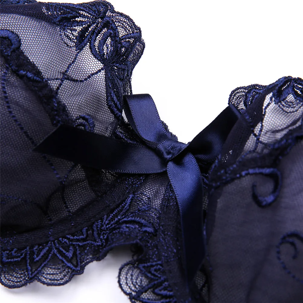 Women's sexy lace lingerie embroidered bow tie thin slim luxury push up bra set bra+thong 2 PCS
