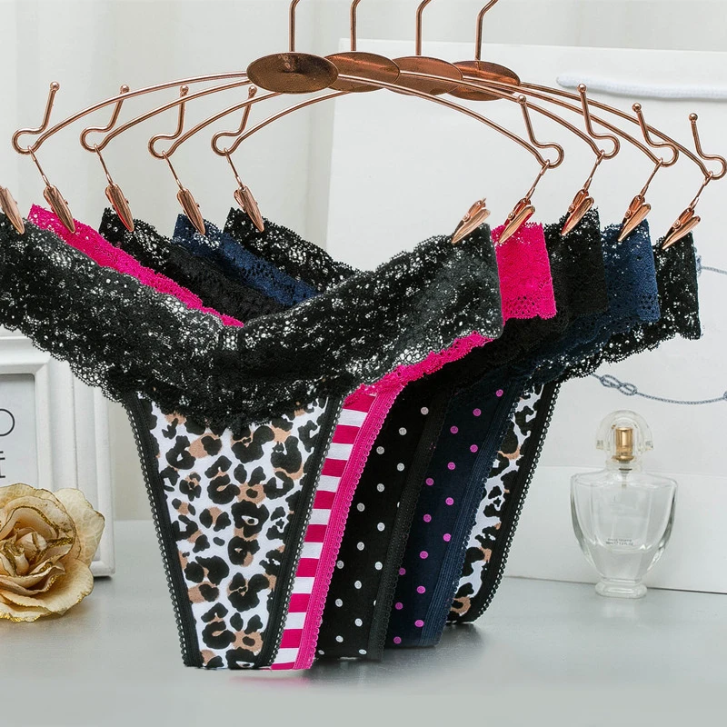 Сексуальные стринги в леопардовую полоску с принтом горошек интимное хлопковое