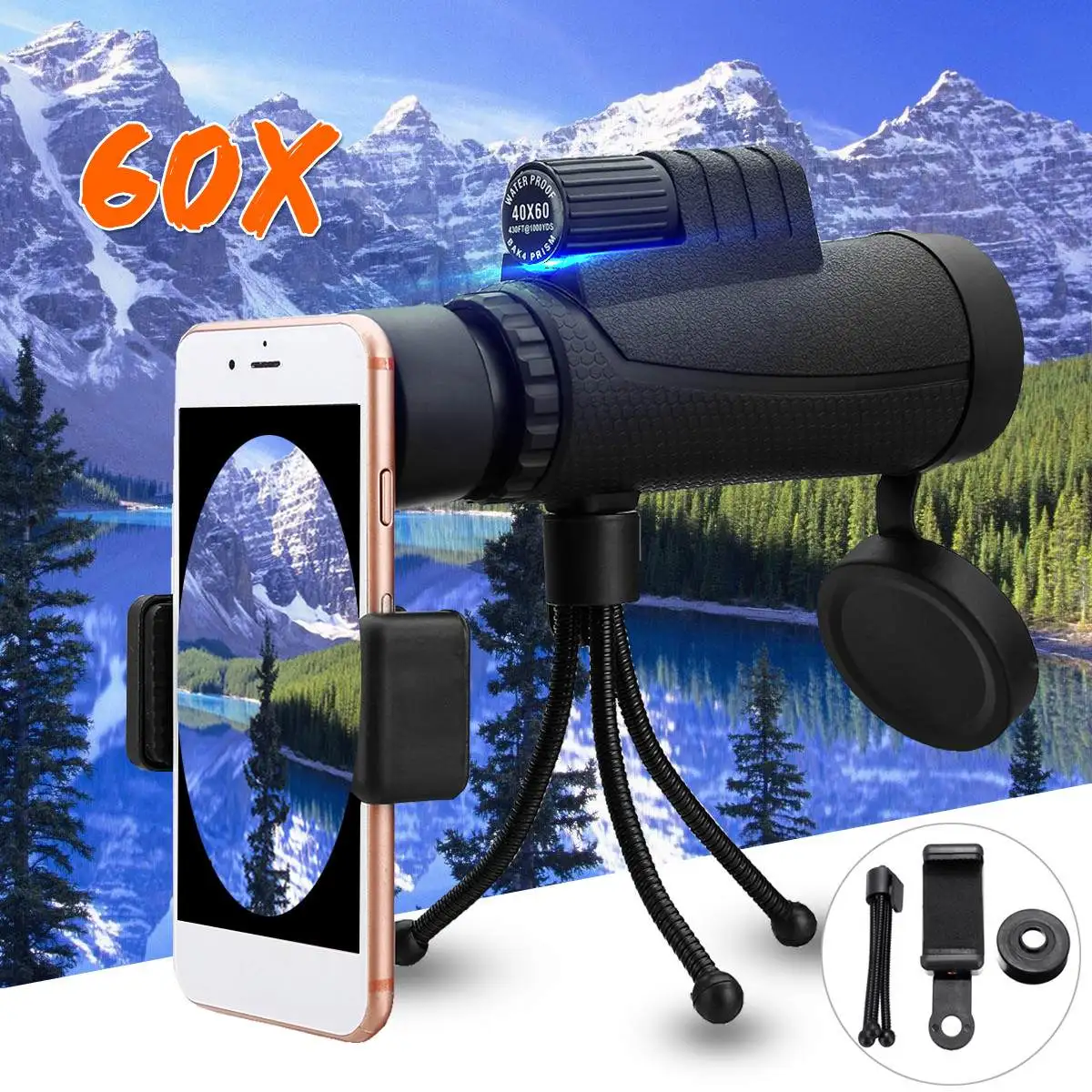 

40x60 Zoom FMC Monocular Telescope Ultra HD Waterproof Low Light Night Vision Phone Telescope Phone Clip Tripod for Outdoor Hunt