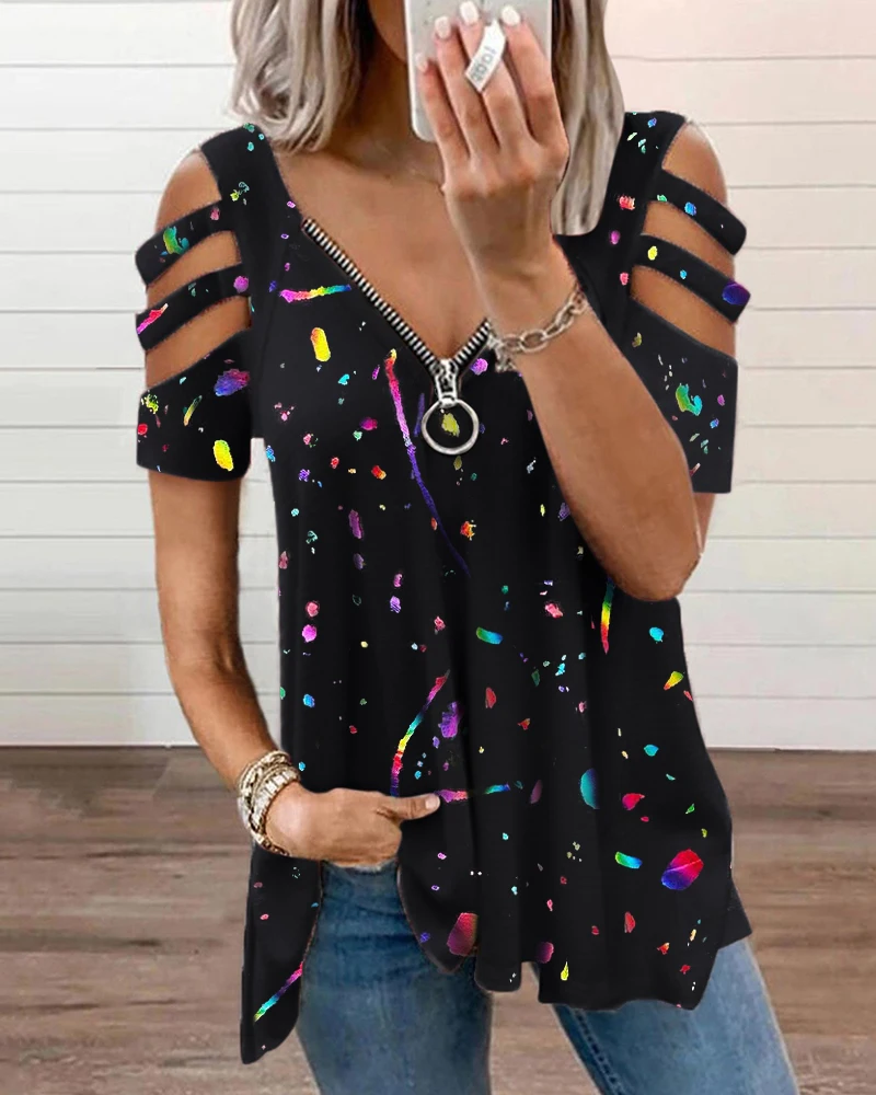 

2021 Summer Fashion Women Ink Splash Cold Shoulder Cutout Sleeve Zip Front Top Casual Leopard Blouse Short Sleeve Loose t-shirt