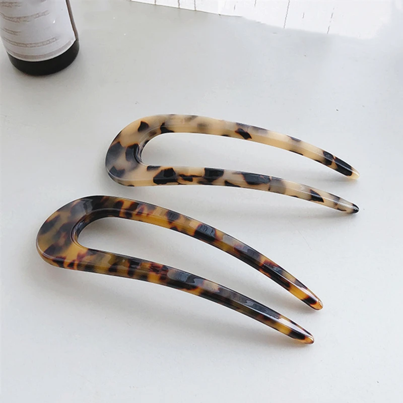 

2021 New Korean Trendy Leopard Print Geometric U-shaped Fork Acetic Acid Hairpin Headwear Accessories for Women Girls