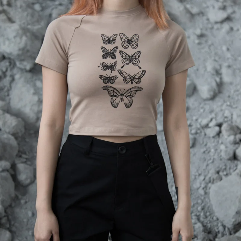 

Butterfly Print Woman Short Cotton T-shirts O Neck Short Sleeve Slim Crop Tops Harajuku Street Women Summer T-shirts 2021