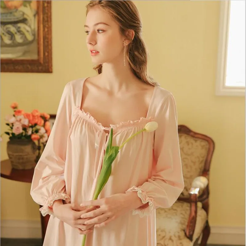 2021 Women White Nightgown Sleepwear Lady Spring Autumn Long Sleeve Nightdress Loose Princess Nightgowns Comfortable Pure Cotton