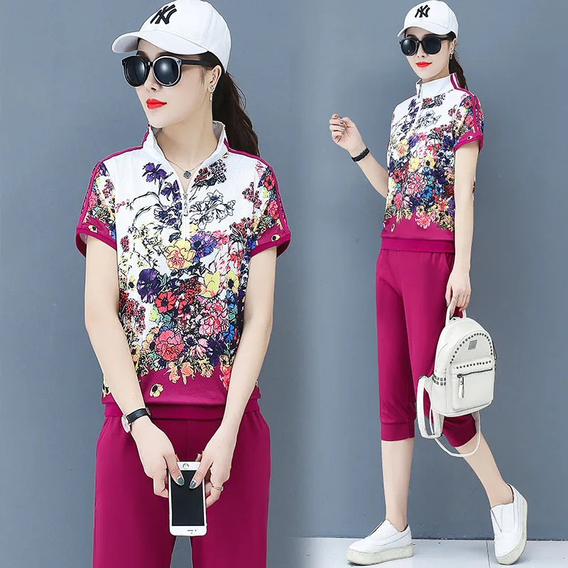 

2022 Women's Summer New Short-sleeved 7 Pants Two-piece Suit Slim Print T-shirt Suit Fashion Elegant Female Clothing