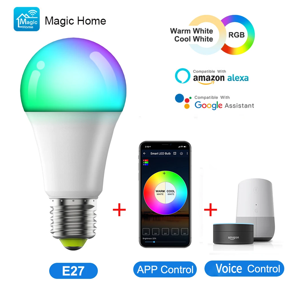 

WiFi Smart Light Bulb LED RGBW Lamp E27 Colorful Changing Work With Alexa/Google Home 100-265V Dimmable Timer Music Ambient Bulb