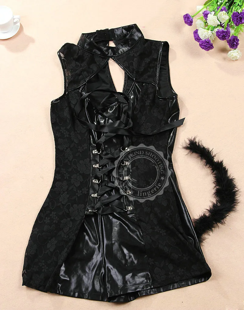 

2020 Women Cat Sexy Jumpsuit Imitation Leather Cat Women Cosplay Costumes Club Evening Party Wear Set Halloween Cosplay Costums