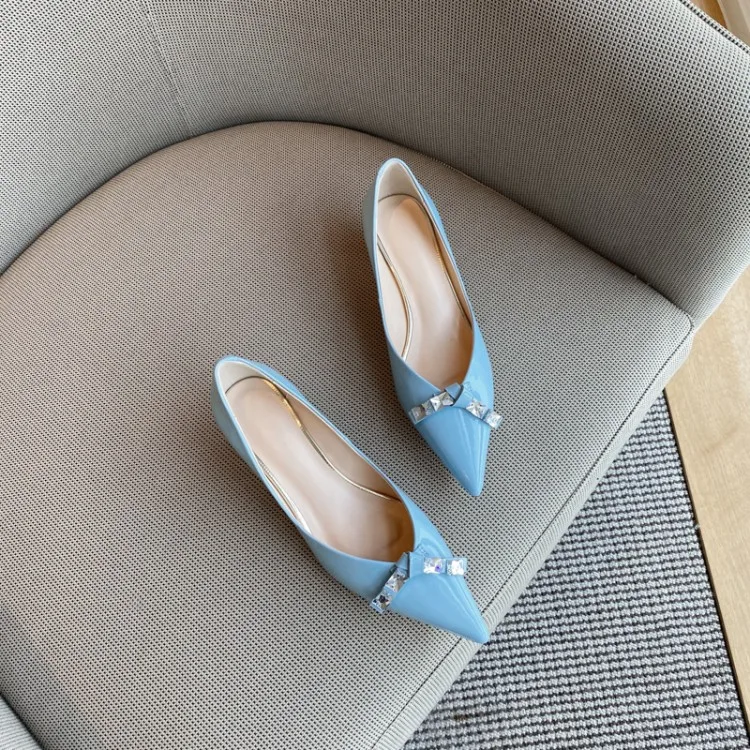 

MLJUESE 2020 women pumps cow leather autumn spring blue color slip on pointed toe thin heel high heels party dress