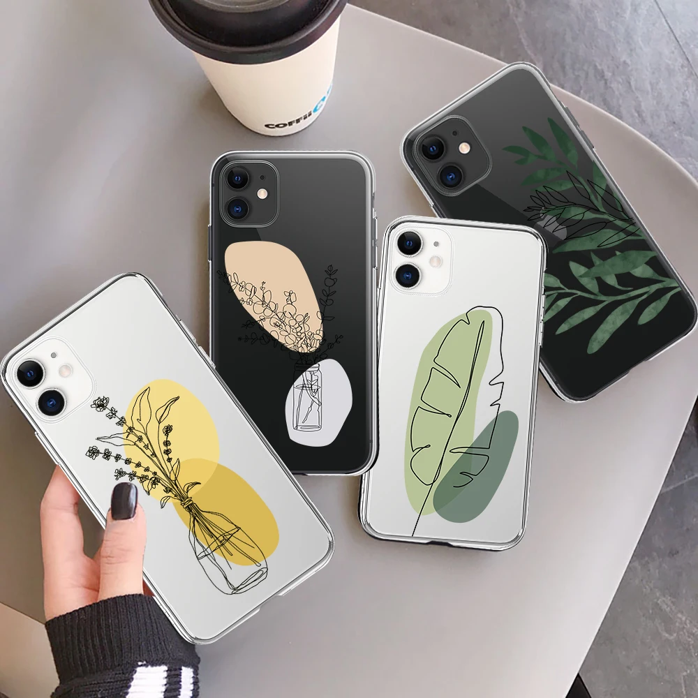 

Simple Plum Blossom Leaf Phone Case For iPhone 13 12 11 Pro Max Mini XS XR X 7 8 Plus SE 2020 Soft Transparent TPU Cover Capa
