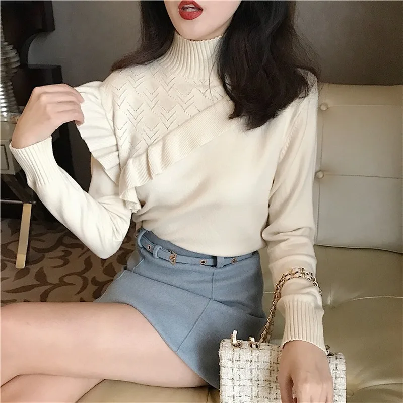 JoinYouth Sweaters Women Turtleneck Ruffles Korean Vintage All Match Pullovers 2020 Autumn Winter Pull Femme Elegant Slim J227 | Женская