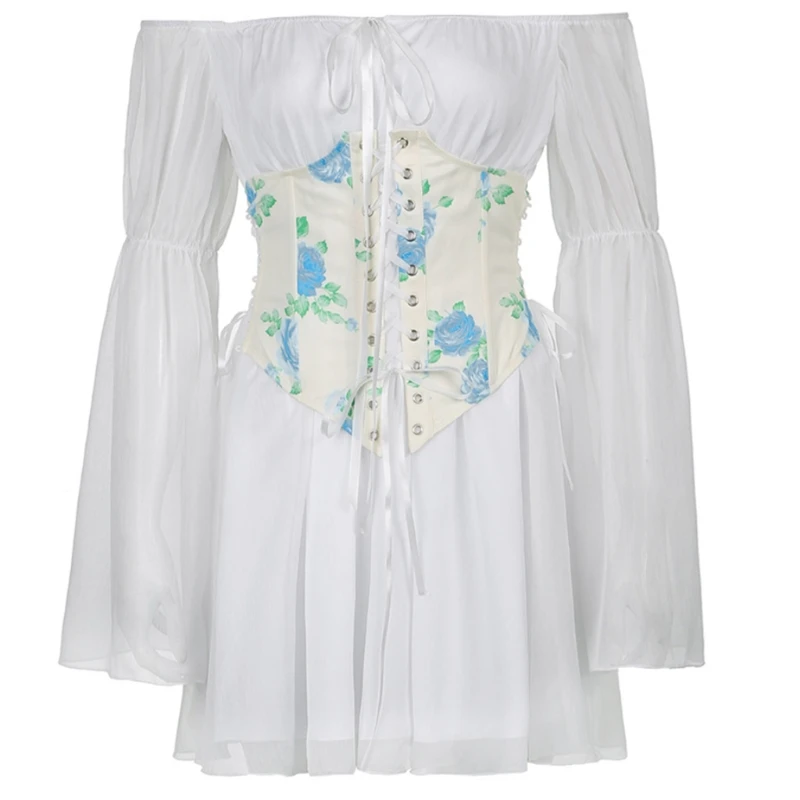 

M89E Colorful Dress for Women Fashion Strapless Long Sleeve Floral Print Corset Tops Loose Sleeve Sexy Dress