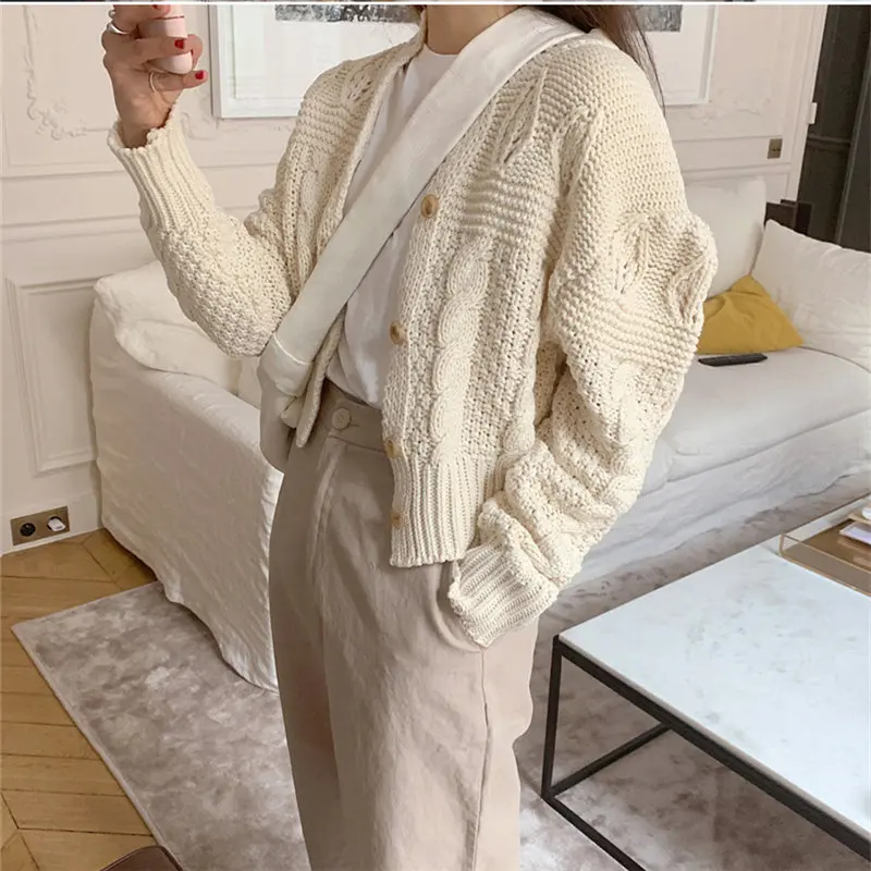 

Stylish Apricot Feminine Twisted Sweet Gentle Soft Brief Cute Puff-Sleeved Warm Cardigans All Match Solid Short Sweaters