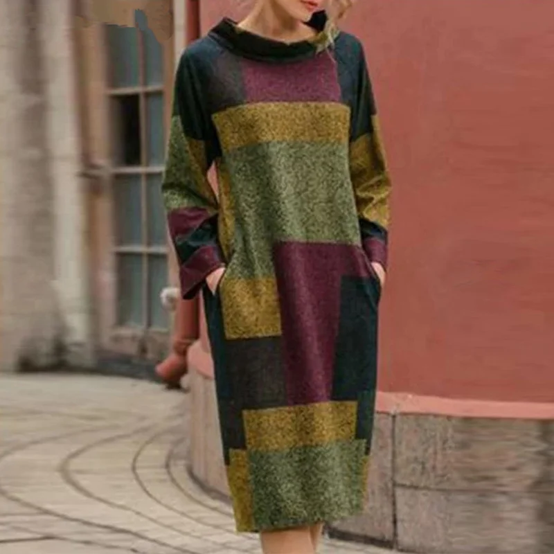 

Women's Contrast Color Printed Dress Loose O-Neck Pocket Long Sleeve Female Dresses 2021 New Autumn Ladies Vintage Vestidos