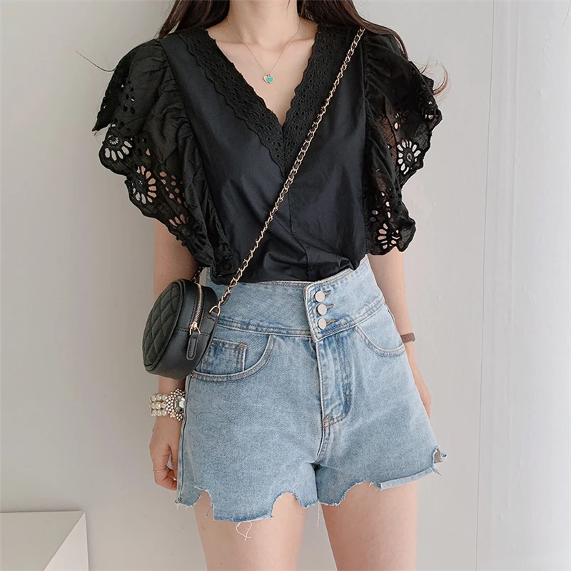 

Stowaulb 2021 Solid Streetwear Vintage Loose Short Sleeves Elegant Casual Hollow Out Tops Summer V-Neck Brief T-shirts Tops