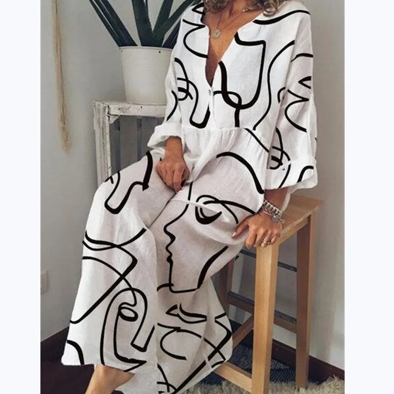 

Женское платье-макси на пуговицах, повседневное белое платье большого размера с абстрактным принтом лица, V-образным вырезом и длинным рука...