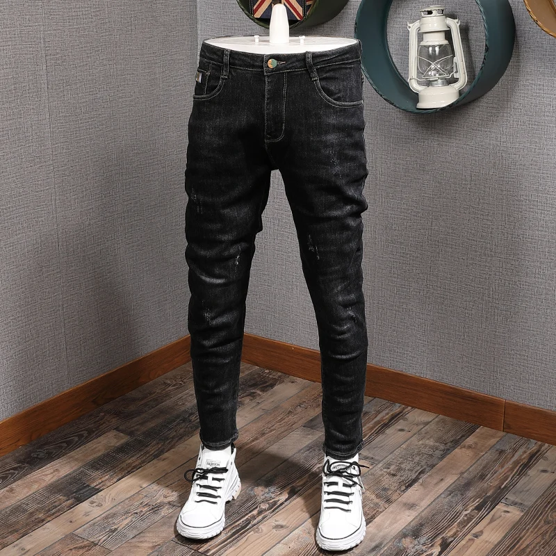 

Korean Style Fashion Men Jeans Newly Designer Elastic Slim Fit Ripped Casual Denim Pencil Pants Vintage Designer Simple Trousers