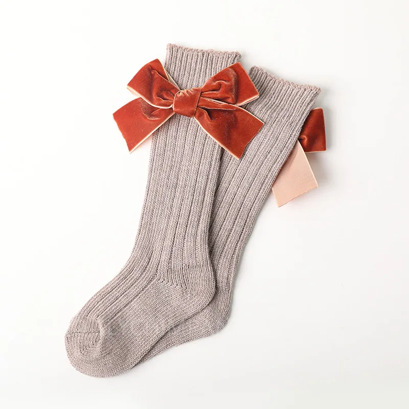 Khaki Bow Носки для новорожденных девочек с бантом; Гольфы принцессы для девочек; милые детские носки; длинные детские носки без пятки - Цвет: Khaki Bow